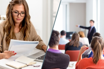 Auf der linken Bildhälfte ist eine lernende Studentin zu sehen, auf der rechten Bildhälfte ist ein Seminarraum gefüllt mit Studenten und einem Dozenten zu sehen