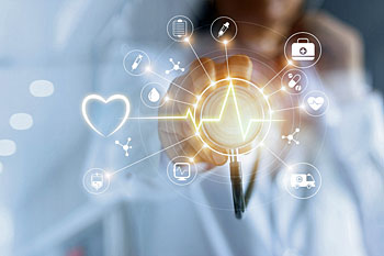 Ein Stethoskop mit Symbolen aus dem Bereich Gesundheit.