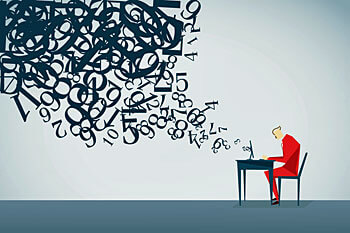 Grafik eines Mathematik-Studenten, der vor Laptop mit Zahlen sitzt