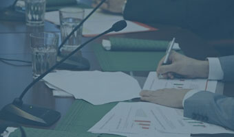 Eine Politikerin sitzt in einer Plenarversammlung und wertet Diagramme aus.