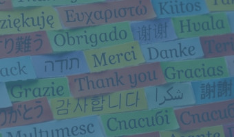 das Wort "Danke" in verschiedenen Sprachen auf bunten Zetteln