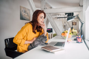 Eine Fernstudentin für Tierpsychologie lernt für das Studium mit ihrer grauen Katze auf dem Schoß